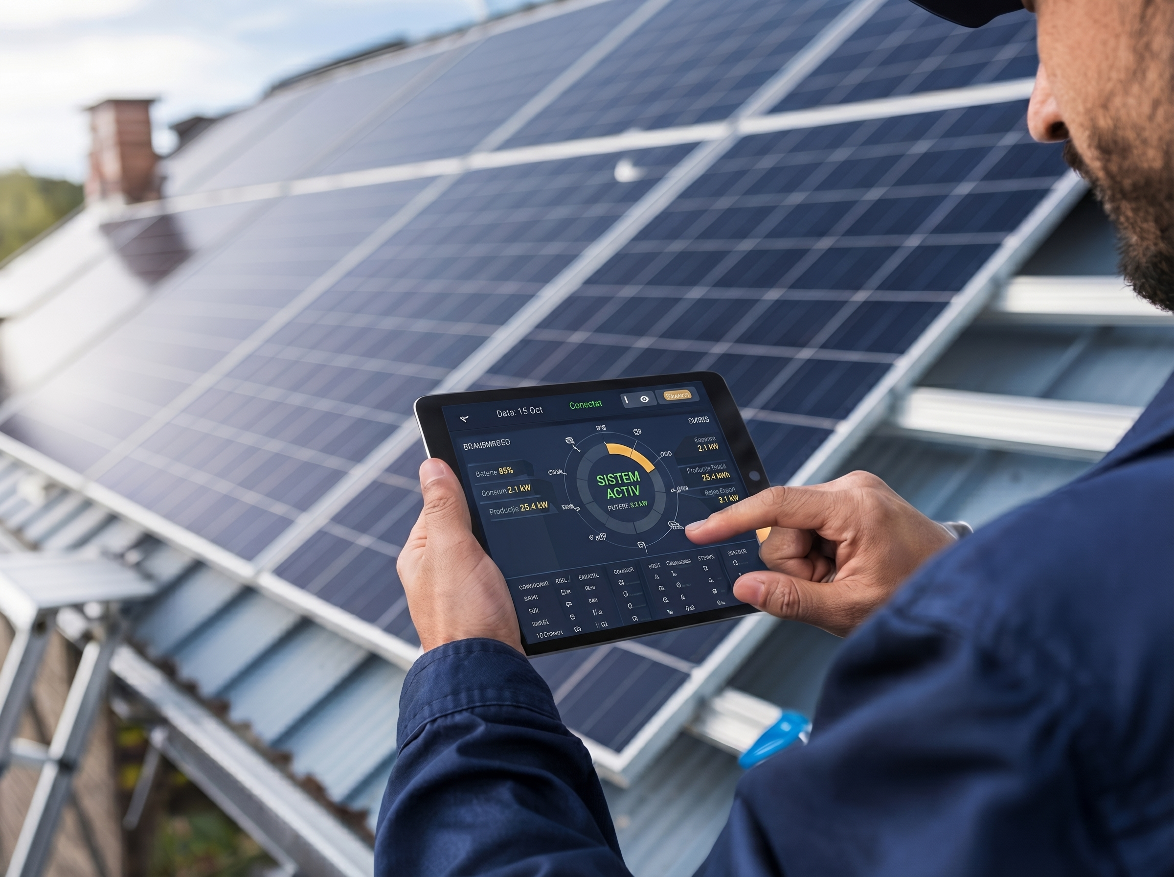 Inginer Carpat Energy verificand instalatie solara